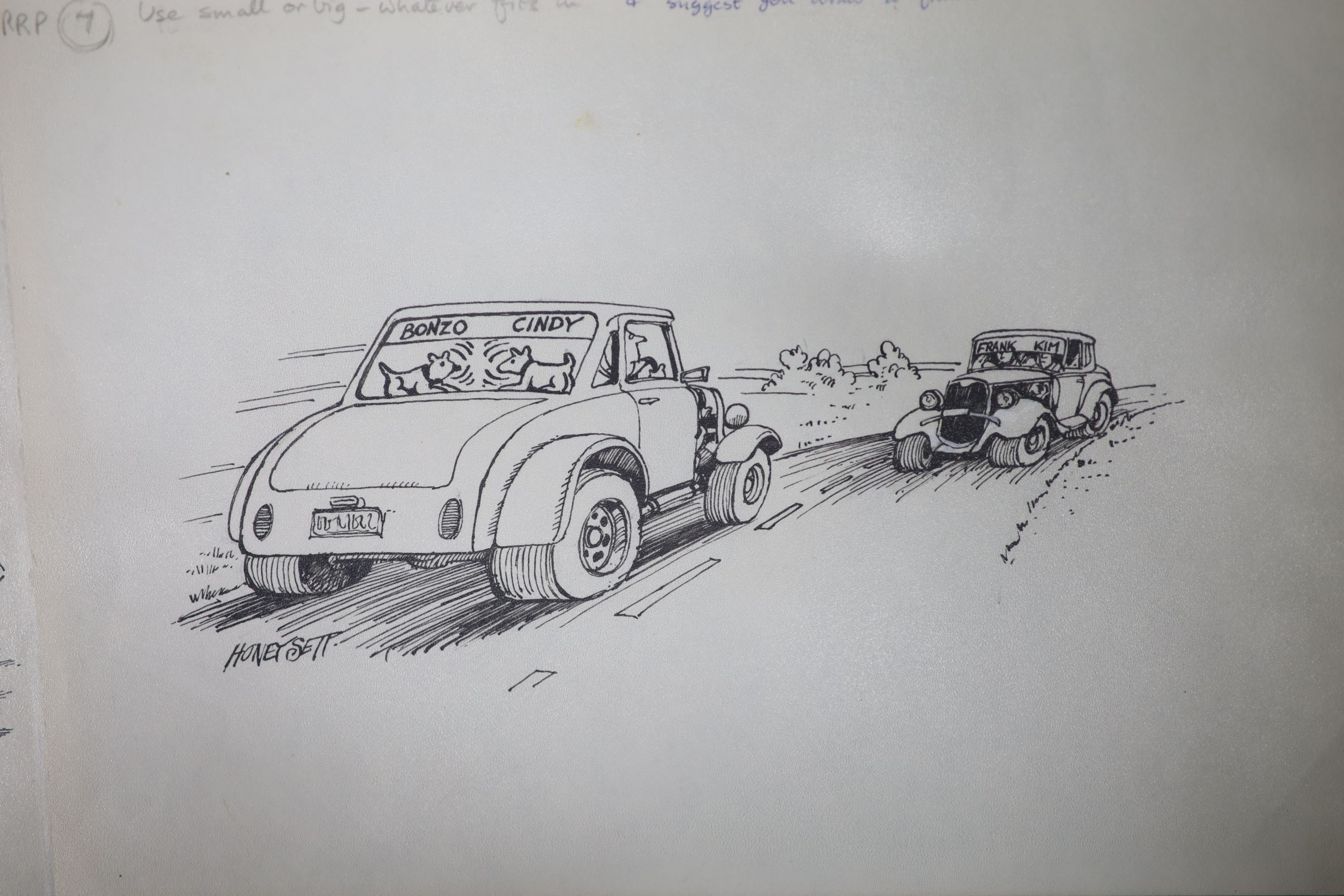 Martin Honeysett (b.1943-), four original cartoons, 'Ali Bakstreet Donkey Customising', 'Bonzo / Cindy', Gull Wing (published in Kitcars May 1982) and Eagle for 'Pipe's Progress', all signed, 20.5 x 30cm. unframed.